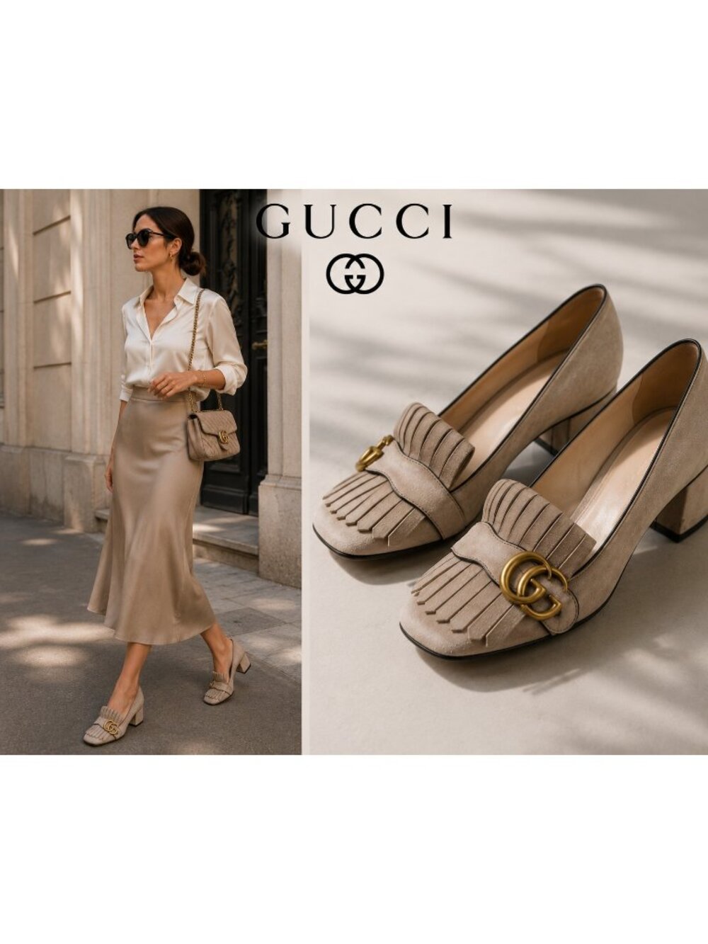 Gucci Marmont GG Fringe Suede Block Heel Pumps Beige EU 35 US 5 Made In Italy